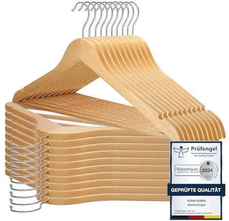 VonBueren 20 x Kleiderbügel Holz | 44,5 x 22 cm je Bügel/Holzbügel | Holzkleiderbügel | 360 Grad drehbar