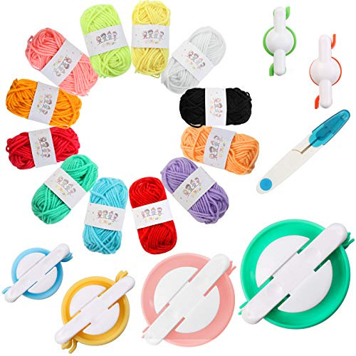 Lekeeu Pompom Makers,6 Größen Pompon-Gerät+12 Farben Wolle+1 Schere | Pompons Machen DIY CHandgemacht,Strick-Kits,Dekorationen für Mother’s Day,Weihnachten,Geburtstagsfeiern,Hochzeiten,Geschenk