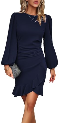 Arevill Damen Arbeit Business Kleid Langarm Rüschen Puffärmel Partykleider Bodycon Knielang Abendkleider Bleistiftkleid