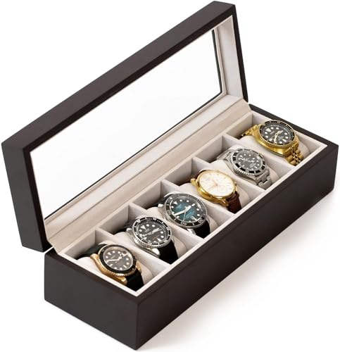 CASE ELEGANCE Edle Uhrenbox aus Echtholz für 6 Uhren mit Glasfenster