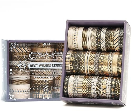 Songdao 36 Rollen dünn Folie Gold Washi Tape Set Masking Tape Klebeband Bunt für Kinder, Scrapbooking zubehör, Bullet Journals, Bastel Planer, Handwerk und DIY (Black & Gold)