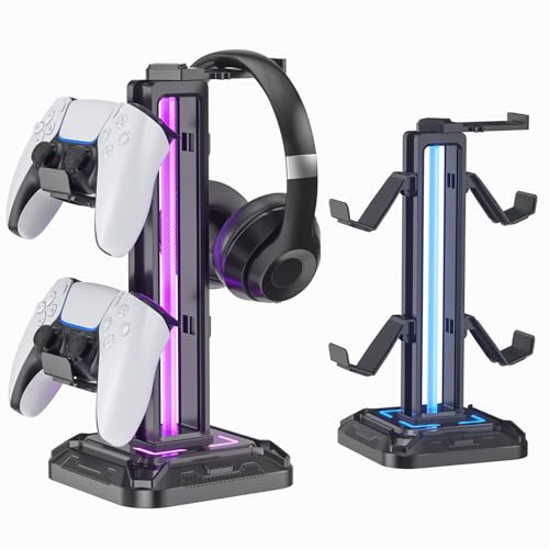 KDD Gaming Kopfhörer Ständer & Abnehmbar Controller Halter mit 9 Lichtmodi | Drehbarer Gaming Headset Halterung Schreibtisch, Headset Ständer für Gamer Gaming Zubehör PC Xbox ONE PS5 (Schwarz)