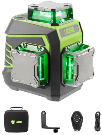 LasGoo Kreuzlinienlaser Selbstnivellierend 3 x 360°, Grüne 3D Laser-Wasserwaage für Konstruktion und Ausrichtung, Wiederaufladbarer Lithium-Akku, Fernbedienung, Magnetischer Drehständer – LG-3Dx