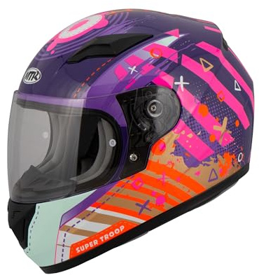 MTR S-12 Kids Evo Motorradhelm Kinder, Kinderhelm Motorrad ECE 22.06 Zertifiziert - Maximale Verkehrssicherheit, Robuster & Leiser Kinder Motorradhelm, Ratschenverschluss, Lila/Pink, YXL