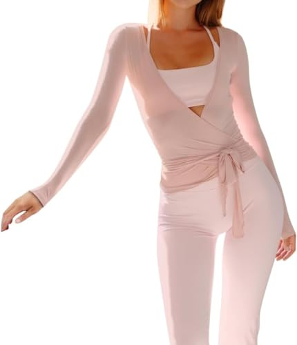 ORANDESIGNE Damen Tanztops Y2K Ballett Wrap Top Pilates Langarm Kurzarm Tiefer V-Ausschnitt Slim Fit Yoga Oberteil Wickelshirt