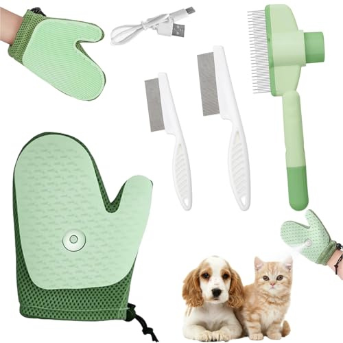 Haustierpflege Sprühhandschuhe, Katzenbürste mit Flohkamm für Katzen, Tierhaarentferner Handschuh, Selbstreinigender Flohkamm, Bürste Katze mit Einem Knopf für Hunde/Katzen, Entfernen von Fell, Flöhe