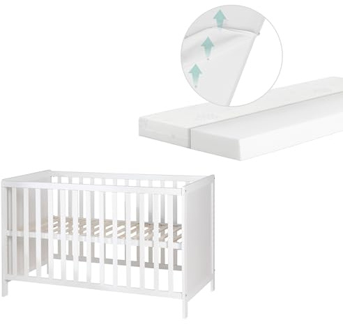 roba 2 in 1 Babybett 60 x 120 cm + safe asleep Matratze - Gitter- & Beistellbett 6-fach Höhenverstellbar - 5 Schlupfsprossen - Holz weiß