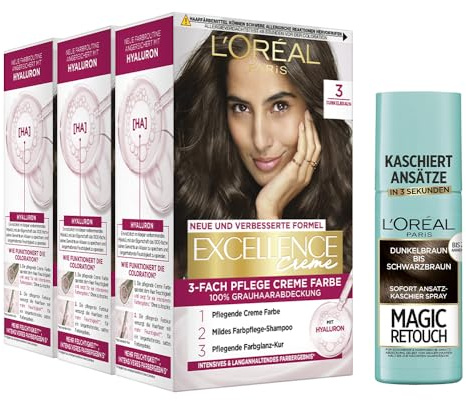 L'Oréal Paris Haarfärbe- und Ansatz-Kaschierset, 3x Permanente Haarfarbe Excellence Creme, Nr. 3 Dunkelbraun und 1x Ansatz-Kaschierspray Magic Retouch, Dunkelbraun-Schwarzbraun, [Amazon Exclusive Set]