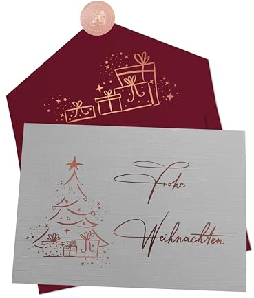 Joli Coon Papeterie Weihnachtskarte - Edle Klappkarte Frohe Weihnachten aus 350g Designpapier mit rotem Premium Kuvert & rosegoldenem Siegelsticker - 16,8 × 11,5 cm