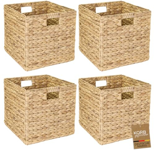 HMF Aufbewahrungskorb passend für KALLAX Regal, großer Korb geflochten aus Wasserhyazinthe mit Griffen, 4er Set, 32 x 34,5 x 32 cm, Naturfarben