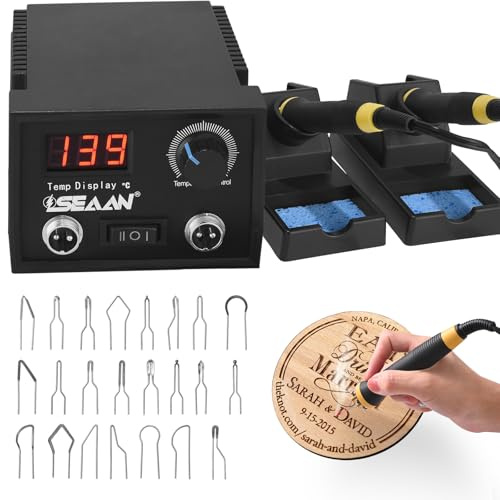 Helangel Brandmalkolben auf Holz, Holzbrenner, 60 W, Digitalanzeige, Set mit 33 Drahtspitzen, einstellbare Temperatur von 0 bis 850 °C, mit 2 Brandmalstiften für Holz und Leder