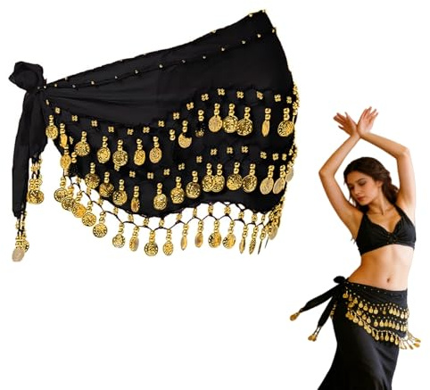 Bauchtanz Hüfttuch Gürtel Damen mit 90+ Münzen Bauch Tanz Kostüm Gürtel Rock Belly Dance Tanztuch Orientalischen Tanz Accessoires für Aufführungen Partys, aus Chiffon, ca. 140 cm Lang, Schwarz, 1 STK