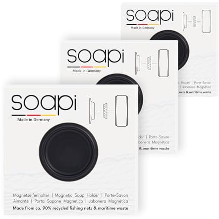 Soapi Magnet-Seifenhalter zum Kleben, 3er-Pack, Schwarz | Ohne Bohren, Wasserfest Selbstklebend, Magnetischer Seifenhalter für Bad, Dusche und Küche