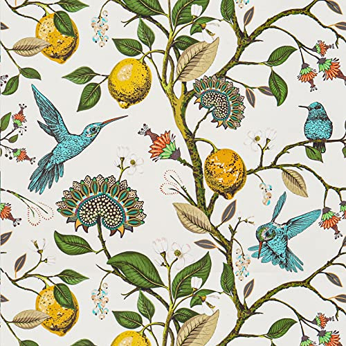 VaryPaper Selbstklebende Tapete Blumen Gelbe Zitrone Fototapete 44.5cmx800cm Tapeten Blue Bird Klebefolie Muster Vintage Küchentapete Vinyl Möbelfolie für Tische Tapete Schlafzimmer Wohnzimmer Deko