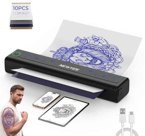 Tattoo-Stencildrucker, Kabelloser Tragbarer Thermodrucker mit Bluetooth inkl. 10 Blatt A4 Stencilpapier für Tätowierer & Einsteiger | Kompatibel mit Android, iOS, macOS und Windows