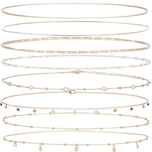 Ptwola 8 Stück Bauchkette Gold Damen Verstellbarer Taillenketten | Körperketten Bikini Taillenschmuck 18K Vergoldet Belly Waist Chain für Frauen Mädchen