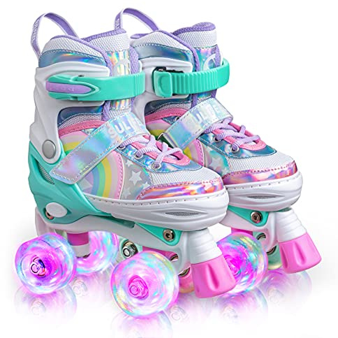 SULIFEEL Rainbow Unicorn Verstellbare Rollschuhe für Kinder mit Leuchtenden Rädern für Mädchen und Jungen