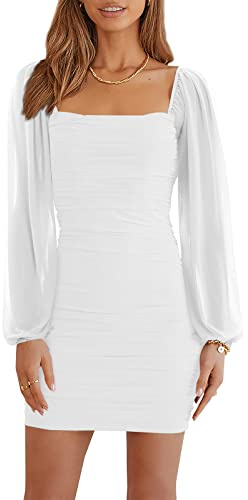 Wenrine Damen Kleider Party Cocktail Club Bodycon Kleid Hochzeitsgast Mesh Langarm Square Neck Minikleid Slim Fit