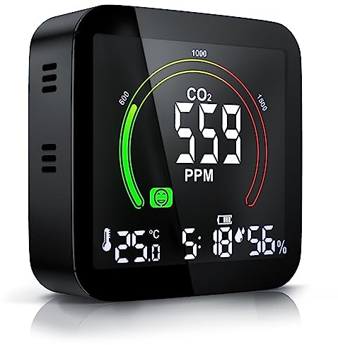Brandson - CO2 Melder Messgerät Luftqualitätsprüfer, Kohlenstoffdioxid Sensor Messung PPM, Co2 Anzeige, Raumluft Lüftungsempfehlung Alarm, Wecker, Temperatur Thermometer, Luftfeuchtigkeit Hygrometer