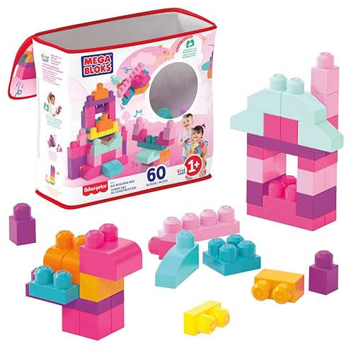 MEGA BLOKS Großer Bausteinebeutel - 60 robuste Bausteine mit wiederverwendbarem Aufbewahrungsbeutel, fördert Kreativität und Feinmotorik, für Kinder ab 1 Jahr, DCH54, Pink, Die Verpackung kann variieren.