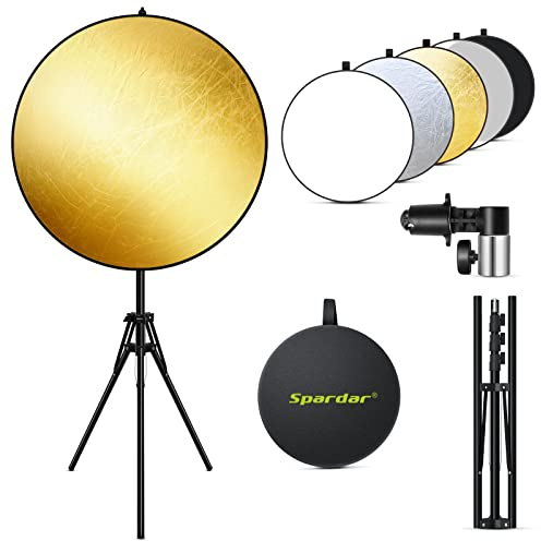 Spardar 110CM 5 in 1 Reflektor Mit Stativ, Runder Faltreflektor (Diffusor und Gold/Silber/Weiß/Schwarz Reflektor Fotografie) Mit Reflektorhalter und 200cm ausziehbarem Halterung für Studio Fotografie