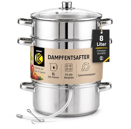Krüger Edelstahl-Frucht-Entsafter 26cm - schonendes Entsaften von Obst und Gemüse - nach Dampfentsafter-Prinzip - Gewinnung von naturreinem Fruchtsaft & Fruchtzucker