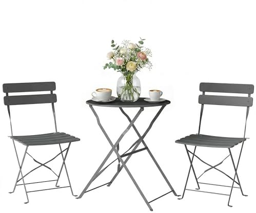 Outsunny Bistro-Set für den Garten, 3-teilig – Tisch und 2 Klappstühle aus Metall mit doppeltem Rostschutz – kleines Balkonmöbel-Set für Terrasse und Außenbereich, Anthrazitgrau