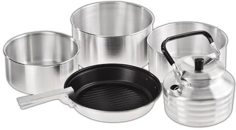 BLACK CREVICE Camping-Kochset I Camping-Kochgeschirr aus Aluminium I Outdoor-Kochgeschirr-Set I 3 Camping-Töpfe & 1 beschichtete Bratpfanne I Camping-Koch-Set inkl. Wasserkessel & Griff