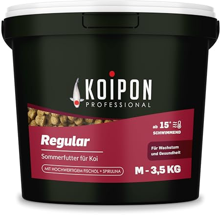 KOIPON Regular Koifutter 3,5 kg 6 mm Sommer, 1% Spirulina, schwimmend | Sommer-Hauptfutter mit Spirulina, schwimmende Pellets – für japanische Koi, auch als Goldfischfutter geeignet