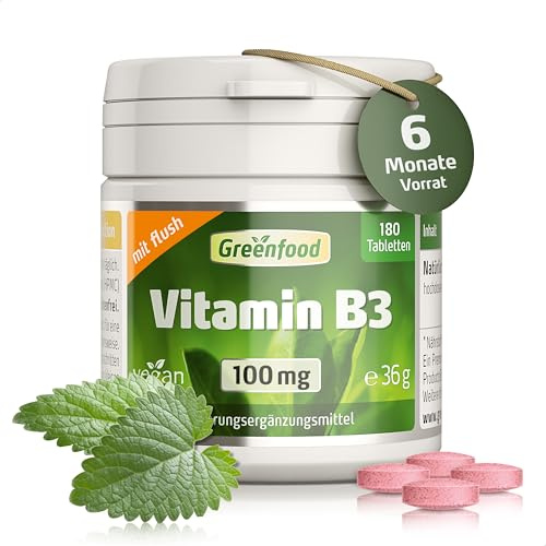 Vitamin B3 (mit Flush!), hochdosiert, 100mg - 180 Tabletten, vegan. Niacin - für Energiehaushalt, Balance & Vitalität. OHNE künstliche Zusätze - laborgeprüft. Von Greenfood.