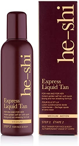 He-Shi Express Liquid Tan Flüssiger Sofort-Selbstbräuner - kein Selbstbräuner-Geruch - schnell trocknende und streifenfreie Formel - natürliche, vegane - für Körper und Gesicht