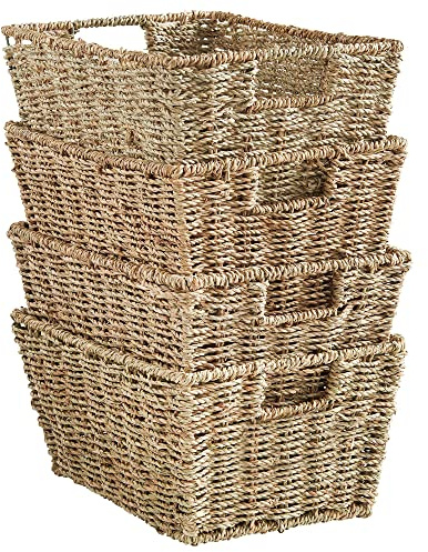 VonHaus Seegras Aufbewahrungskorb, H15xB30xT22 cm, 4er-Set | Mit Griffen, Nestbare Ratten Korb, Hand Geflochten, Natürliches Seegras, Für Badezimmer und Regale