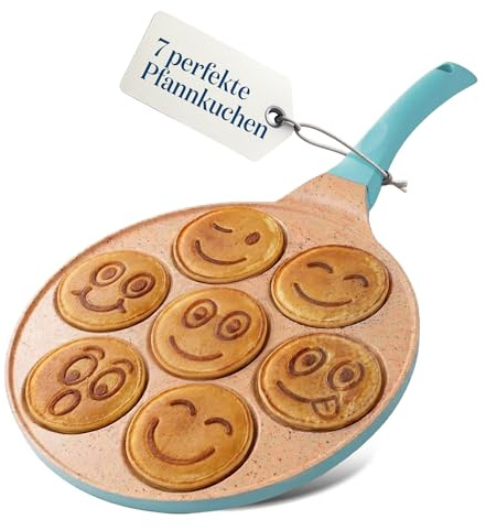 Joeji's Kitchen Pancake Crepe Pfanne mit 7 Mulden mit Smiley-Gesichtern - 26,5 cm Antihaft Leichte Aluminiumguss - Induktion - Spaß für Kinder - Mehrzweck Palatschinken Pfanne Spiegelei - Blau