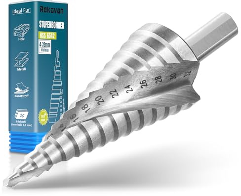 Rekovan Stufenbohrer, [Profi HSS| Ø 4-32mm], Kegelbohrer für Metall, Edelstahl, Kunststoff, Holz, Schälbohrer mit 10mm Schaft für jedes Bohrfutter, 15 Stufen Lochbohrer, Metallbohrer