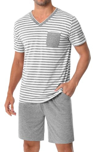 Leversic Schlafanzug Herren Kurz aus Baumwolle mit Kontraststreifen Design, Sommer Pyjama Set Oberteile und Kurze Hosen für Vater und Partner