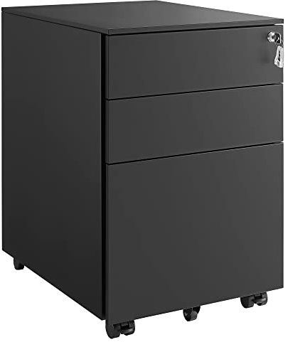 SONGMICS Rollcontainer, unter Schreibtisch, mit 3 Schublade, vormontiert, abschließbarer Büroschrank mit Hängeregistratur, für Akten, Dokumente, Schreibwaren, 52 x 39 x 60 cm, schwarz OFC60BK