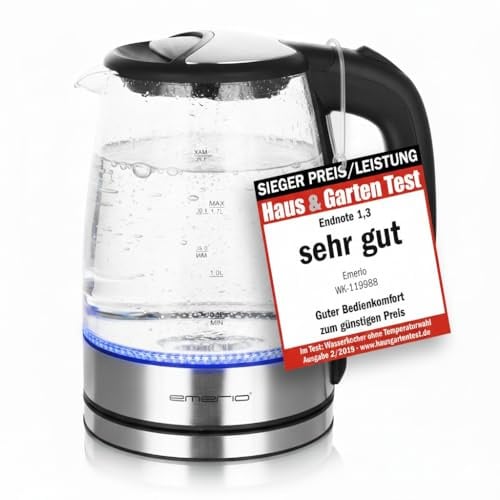 EMERIO Glas Wasserkocher mit 1.7 Liter Volumen | 2200 Watt | blaue LED Innenbeleuchtung | 360° Basis | SIEGER Preis/Leistung Haus & Garten Test | bestes Borosilikatglas | Auto Off | WK-119988.7