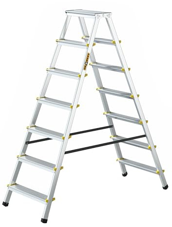 DRABEST Klapptritt Alu Leiter Klappbar Beidseitig 2x7 Stufen Trittleiter bis 150 kg Belastbar Haushaltsleiter