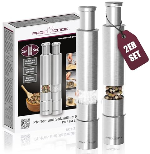 ProfiCook® Salz und Pfefferstreuer | Pfeffermühle | Salz und Pfeffermühle | 2er Set | Salzstreuer Edelstahl | robustes Mahlwerk | Einhandbedienung | 100% mechanisch | Gewürzmühle PC PSM 1160