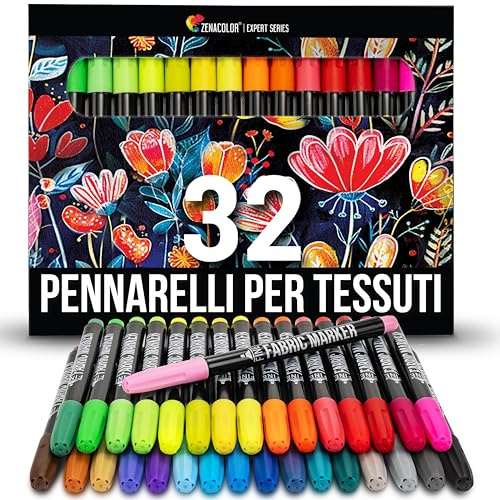 Zenacolor - 32 Textilstifte Waschmaschinenfest Feine Spitze - Permanent | Textilfarbe Ungiftig · Für T-Shirts, Stofftaschen und andere Textilien · Kinder & Erwachsene · Ideal für DIY & Geschenke