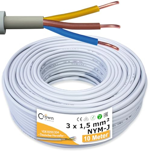 NYM-J 3x1,5mm² Kabel 10m Mantelleitung | Kupfer Elektrokabel 3-Adrig Feuchtraumkabel nach DIN VDE 0250-204 Stromkabel für Elektroinstallation Hellgrau | Kabellänge am Stück Deutsche Markenhersteller
