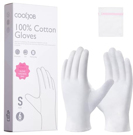 COOLJOB Baumwollhandschuhe, Weiße Stoff Handschuhe aus 100% Baumwolle für trockene Hände & Neurodermitis, Feuchtigkeitsspendende Handschuhe, Waschbar - Gratis Waschbeutel (6 Paar, Größe S)