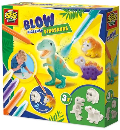 SES Creative Blow Airbrush Pens | Dinos | Pustestifte | Leicht auswaschbar aus Kleidung | Made in Holland | für Jungen ab 5 Jahren | 4 Farben | 4 Blow Pens mit Dino Figuren | 14295