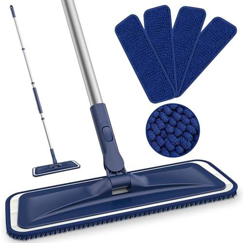 BPAWA Flach Wischmopp Bodenwischer für Holzböden - 150CM Flachmopp Bodenreiniger Trocken Wischer mit 4 Chenille Mikrofaser Bezug für Fliesen Laminat Parkett Hart Böden Staub Schnelle Reinigung