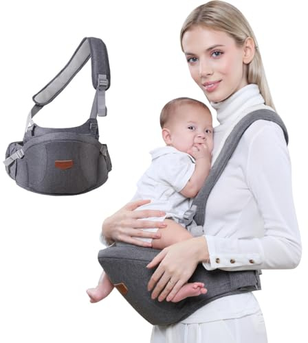 SUNVENO Ergonomische Babytrage mit Hüftsitz, Baby Hüftsitzträger mit Verstellbarem Gurt und Tasche, Praktische Baby Vordertrage für 0-20 kg Baby, Grau mit Schultergurte