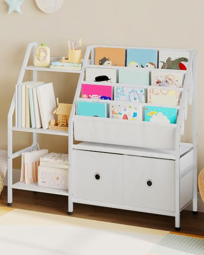 CHOEZON Bücherregal Kinder, Kinderregal, Kinderspielzeug Regal, Spielzeug Aufbewahrung mit 4 Hängetaschen, 3 Ablagen und 2 Boxen, für Spielzimmer, Kinderzimmer, Klassenzimmer, Weiß DTCW10WB