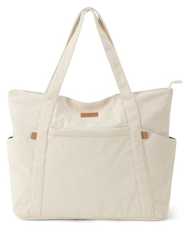 Lekespring Cord Tasche Damen, Groß Tote Bag Strandtasche mit Reißverschluss, Shopper Tasche Damen Laptoptasche mit 17 Zoll Laptopfach, Elegant Handtasche Umhängetasche für Arbeit Schule Gym-Beige