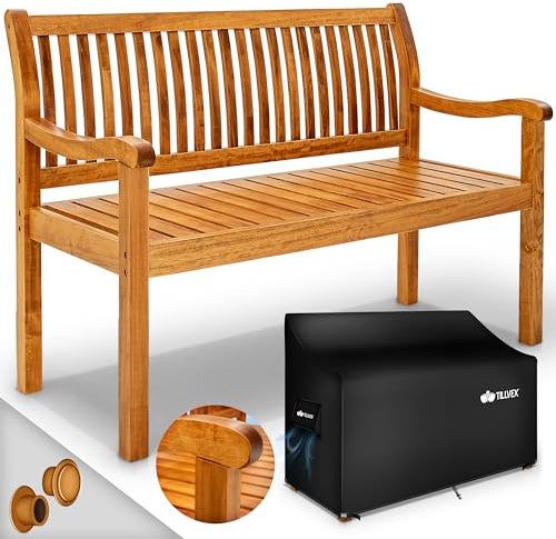 tillvex® Gartenbank Holz 3-4 Sitzer inkl. Abdeckung wetterfest 125 cm | Parkbank Massivholz | Balkonbank Sitzbank 320 kg belastbar | Holzbank Gartenmöbel UV-beständig für Balkon, Terrasse & Garten