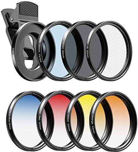 APEXEL Filter-Kits für Handykameras, 52 mm, Farbverlaufsfilter (Blau, Gelb, Orange, Rot), CPL, ND32 und Sternfilter für Nikon, Canon, GoPro, iPhone und alle Handys