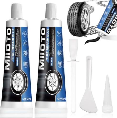 Miioto 2 Stück Reifenkleber, Reifen Gummi Kleber, Gummikleber Schwarz | Mit Düse und Schaber, Multifunktional, Schnelle Reparatur Von Rissen, Löchern und Abblättern Verschiedener Reifengummis-100ml